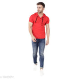 Red cotton blend long sleeve round t-shirt on hanger, solid design
