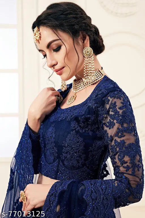Designer net embroidered Lehenga Choli, free size with embellished dupatta, Indian handcrafted traditional wear