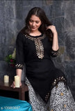 Black rayon Demirner Gota Work Kurta & Skirt ethnic set, three-quarter sleeves, solid pattern, Indian-made