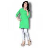 Green cotton women's kurti (multi-color), full-length V-neck with long sleeves