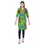 Green mixed cotton women's kurti, round neck with 3/4th sleeves