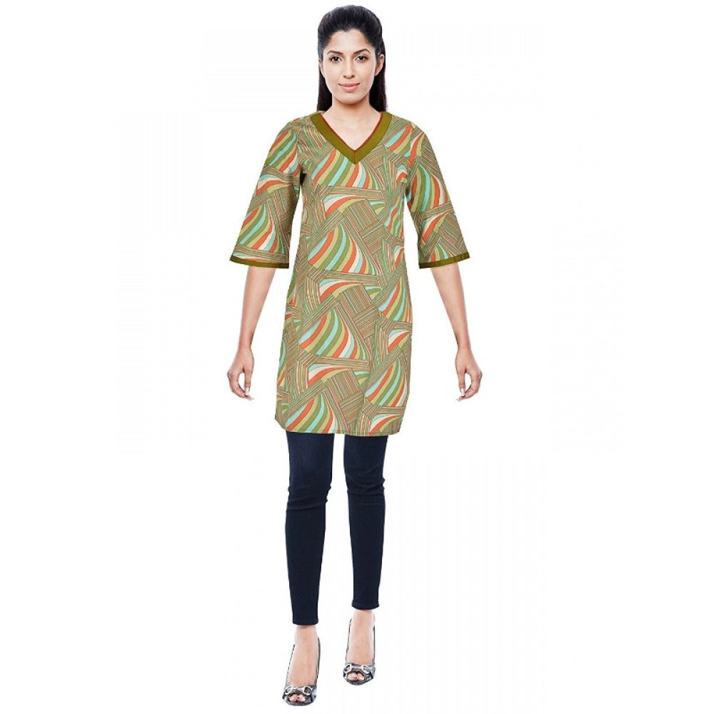 Green rayon kurtis with multi-colored motifs, suitable for women's fashion, breathable and features a round neck with 3/4 sleeves