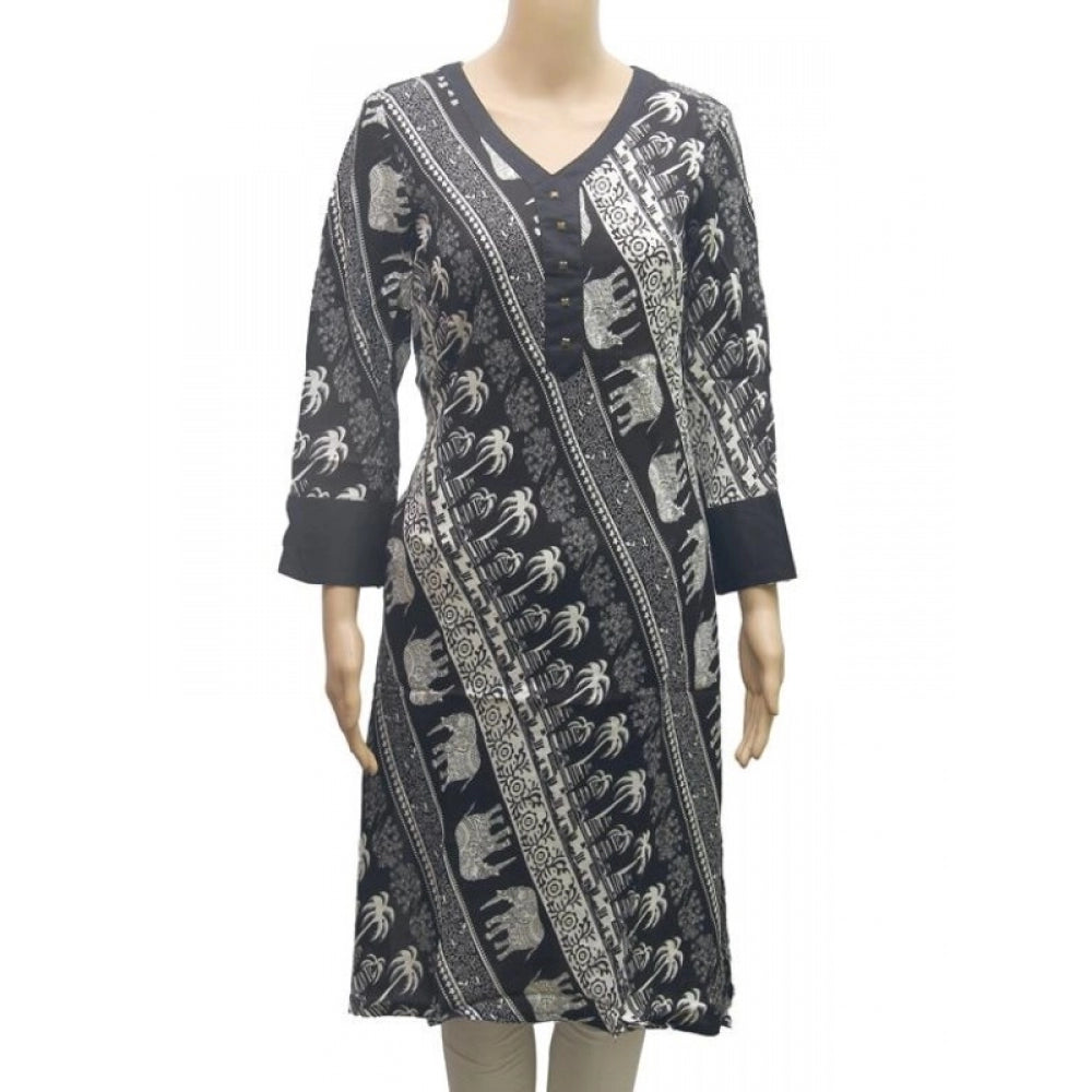 Black rayon XL kurti, long-sleeved women's top with mandarin collar, breathable cotton fabric for comfortable wear