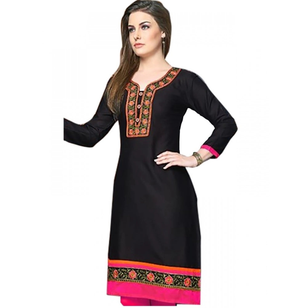 Black linen and cotton mix kurti for women, long sleeves, mandarin collar style