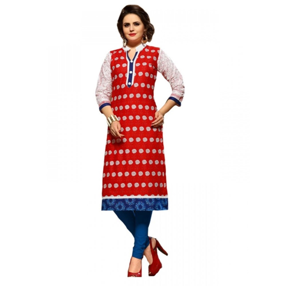 Red cotton kurti (multi-color), size L with mandarin collar and 3/4th sleeves for women's fashion
