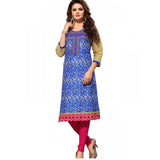 Blue and multi-colored women's cotton kurti (XL), breathable linen and cotton mix, V-neck with 3/4 sleeves
