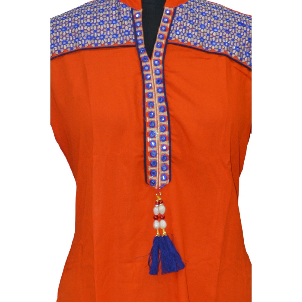 Orange rayon kurtis XXL, linen and cotton mix women's breathable summer top with mandarin collar and 3/4 sleeves