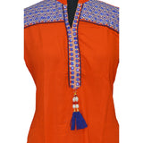 Orange rayon kurtis XXL, linen and cotton mix women's breathable summer top with mandarin collar and 3/4 sleeves