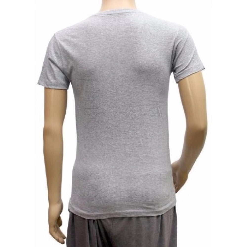 Grey cotton V-neck half sleeve men's printed t-shirt (XS), casual fashion for men on display rack