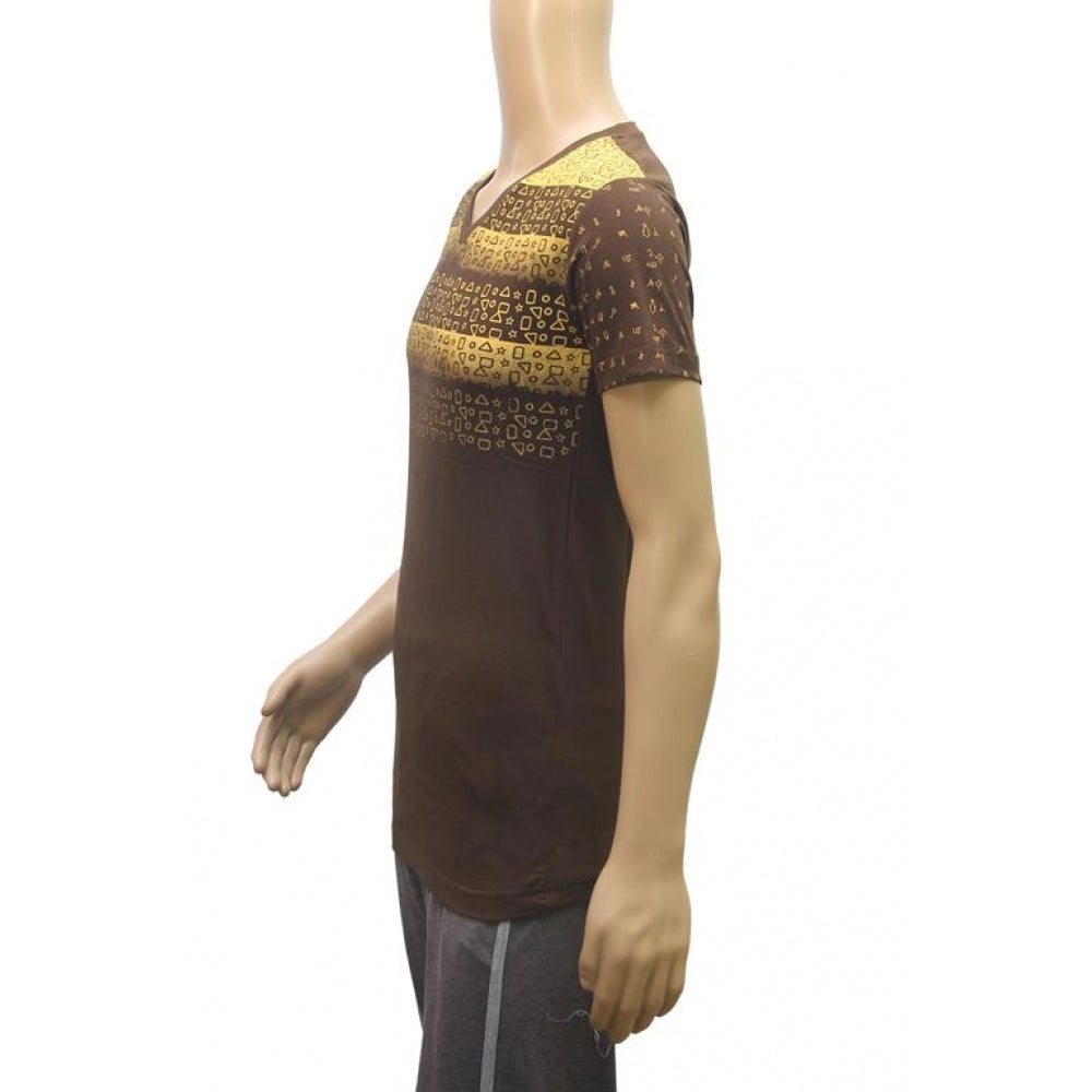 Brown cotton V-neck half sleeve men's printed t-shirt (XS) - fashionable menswear on hanger