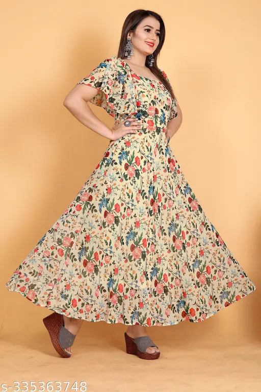 Flower printed chiku-color Georgette fancy kurti, short sleeves, digital rose print, plus size friendly, exclusive designer piece for women