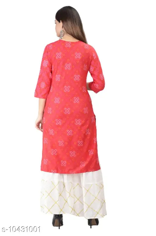 Pink rayon slub kurta, knee-length, long sleeves, traditional sharara pants
