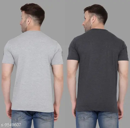 Geum Men's Printed Round Grey Melange Tshirts Pack 2
