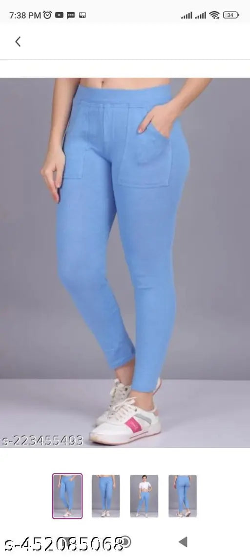 Cotton solid-colored plain pocket jeggings, available in sizes M, L, XL, XXL. Made in India