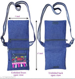 Blue denim crossbody sling with 2 folds, front pocket closure, adjustable shoulder straps