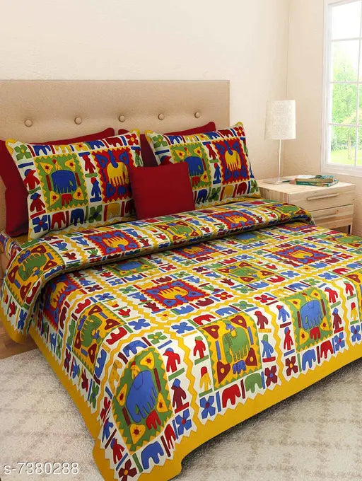 Colorful elephant printed cotton queen size bedsheet with 2 pillow covers.