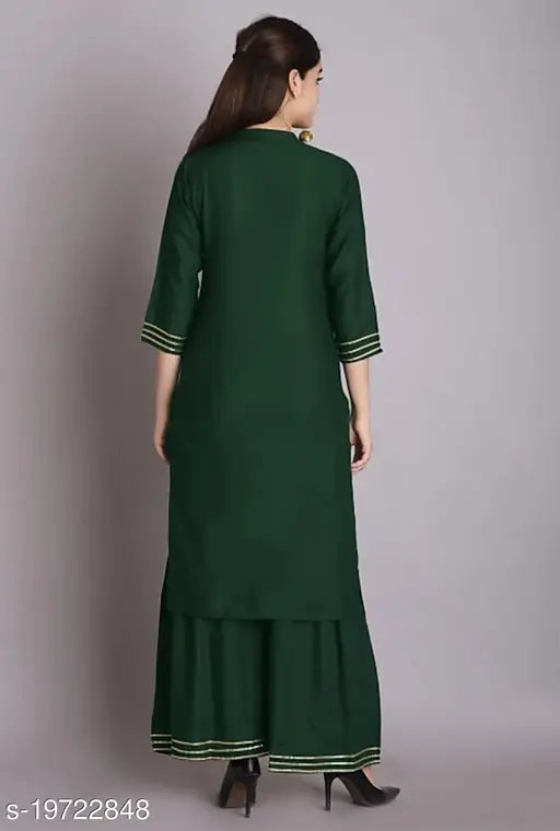 Green rayon Angiya Kurta Sharara set with gota lace, three-quarter sleeves for festive wear