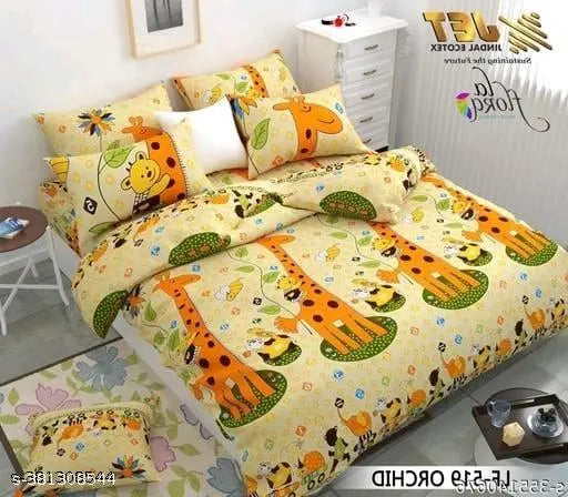 Cotton fitted double bedsheet with 2 pillow covers, superfine quality and cartoon print, ideal for summer, adult use, from India (90x90 bedsheet, 16x26 pillow covers)