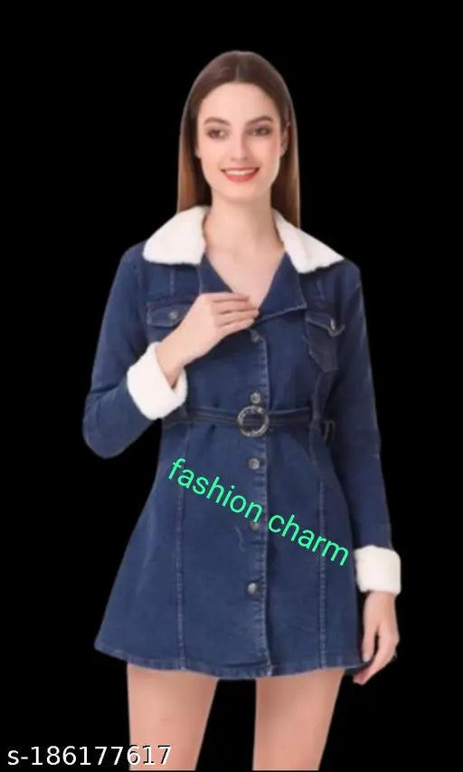 Denim fur coat, XS (32in bust/32in length), winter party wear, Indian origin