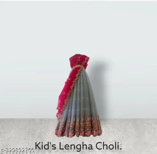 Embroidered heavy-net kids' lehenga choli set, semi-stitched dupion silk lehenga with cut work border and net dupatta, in various sizes from 8-12 years old (India)