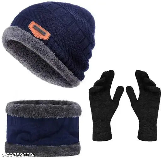 Blue woolen winter beanie set with neck muffler and gloves (Indian-made)