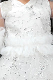 White net embellished Girls Angle Pari frock dress, three-quarter sleeves, casual and comfortable for a day out or family gatherings. Indian-made, trendy kids wear