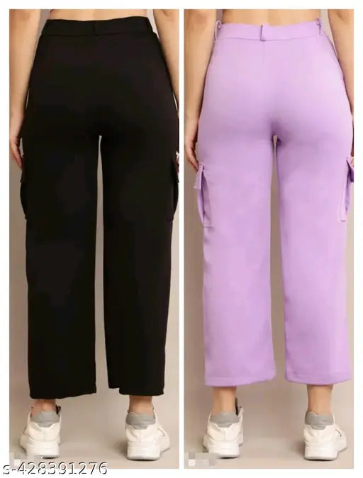 Purple and black flared-leg pants with pockets