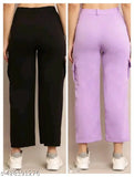 Purple and black flared-leg pants with pockets