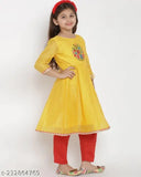 Yellow Chanderi Cotton Kurta Set with Embroidered Dupatta & Net Bottomwear for Kids (3-10 years), Indian partywear fashion