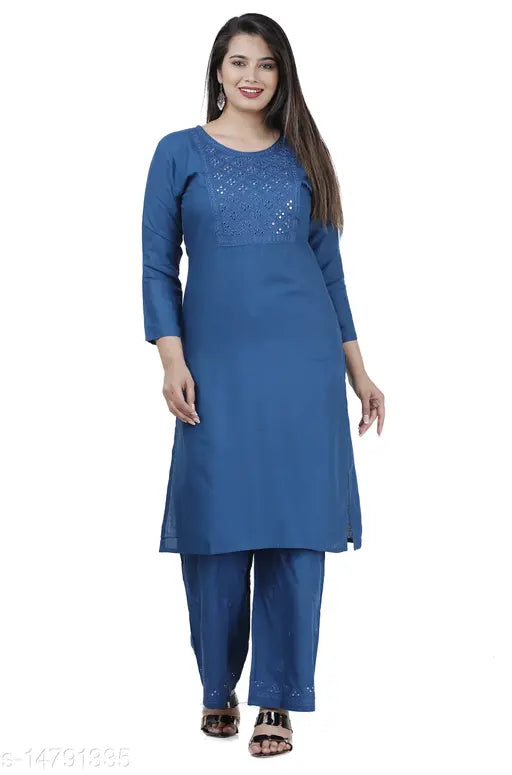 Rayon embroidered kurta palazzo set, printed net fusion clothing with traditional twist, three-quarter sleeves