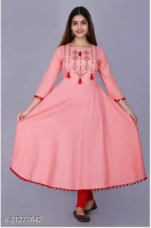 Rayon embroidered straight kurti, three-quarter sleeves, trendy Indian fashion