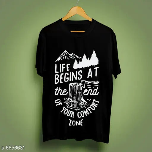 Blue cotton printed men's short-sleeve t-shirt with fun graphic design, size S on model
