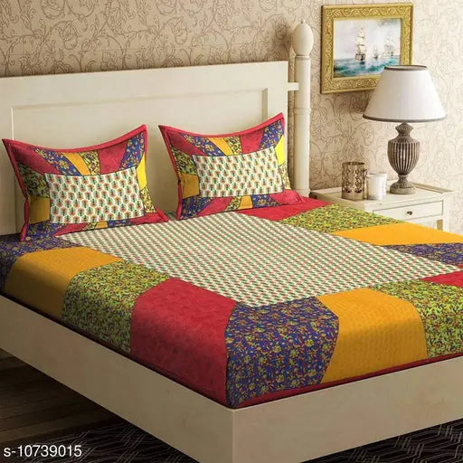 Multi Color Cotton Double Bed Sheet Set with 2 Pillow Covers, queen size on display