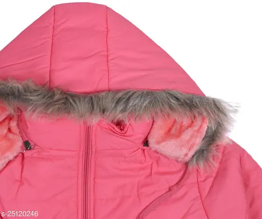 Nylon full-sleeve jacket in solid pattern, perfect for winter wear for girls aged 5-6, India origin