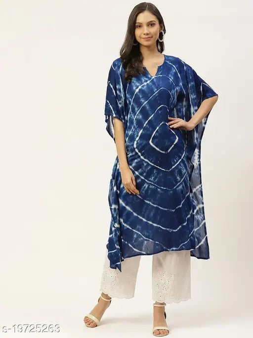 Blue rayon loose fit kaftan kurti, three-quarter sleeves, dyed/washed combo on mannequin