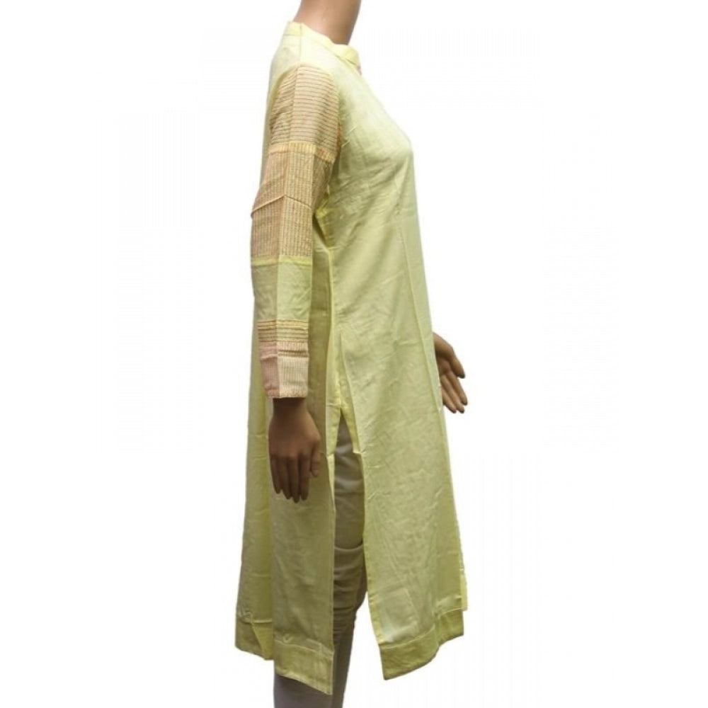 Lemon yellow XL rayon kurtis for women's fashion, breathable 36-inch V-neck with 3/4 sleeves