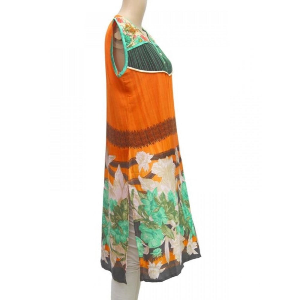 Orange & Multi Rayon Women's Kurtis (L), breathable 40, 37-length mandarin collar with 3/4 sleeves