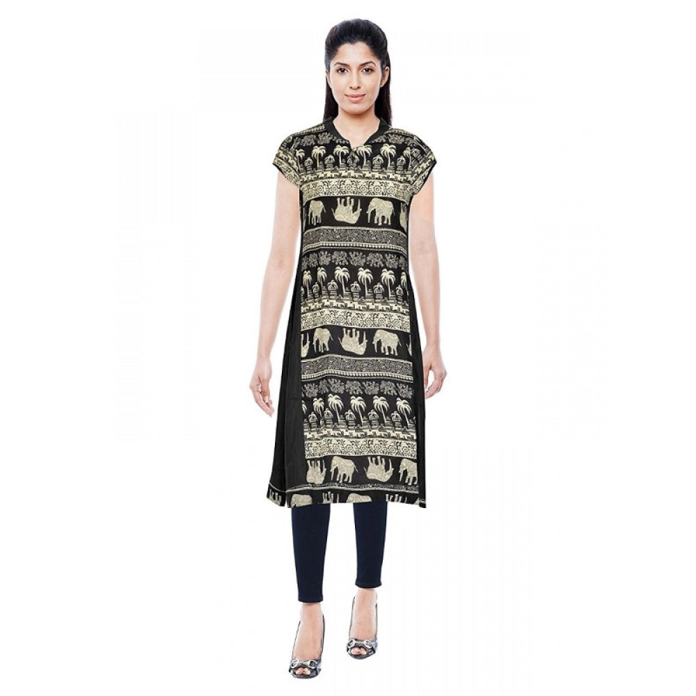 Black rayon women's kurti with round neck, short sleeves (Size L)