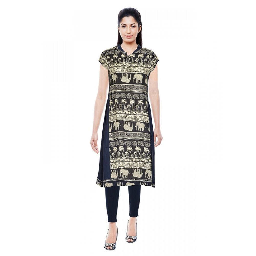 Blue rayon kurtis for women, breathable faux chiffon top with full sleeves, round neck design