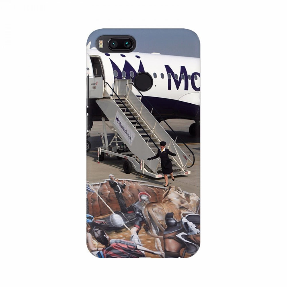 Mobile case cover: Aeroplane landing, black, with camels and stairs.