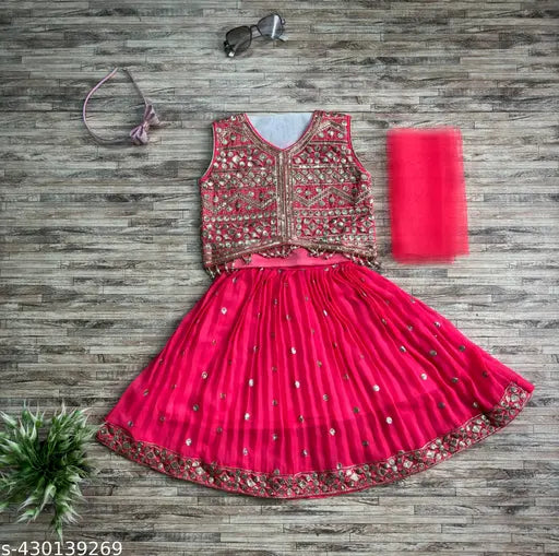 InstaFab Kids Georgette Lehenga Choli, sleeveless, embroidered ethnic outfit for 2-3 years, India origin