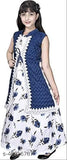 Navy Blue Cotton Blend Girls Ethnic Gown Pack of 1 - Digital floral print, short sleeve V-neck dress with belt, perfect for parties and special occasions. Imported from India