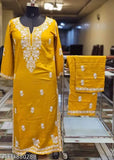 Rayon Chikankari embroidered straight calf length kurta and plazo, floral detail, three-quarter sleeves, India