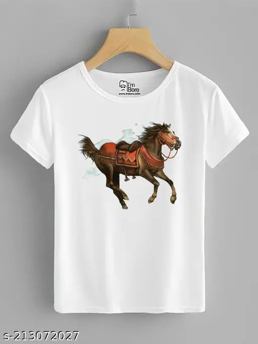 Horse-printed cotton blend t-shirt, short sleeves, white color on fashion mannequin