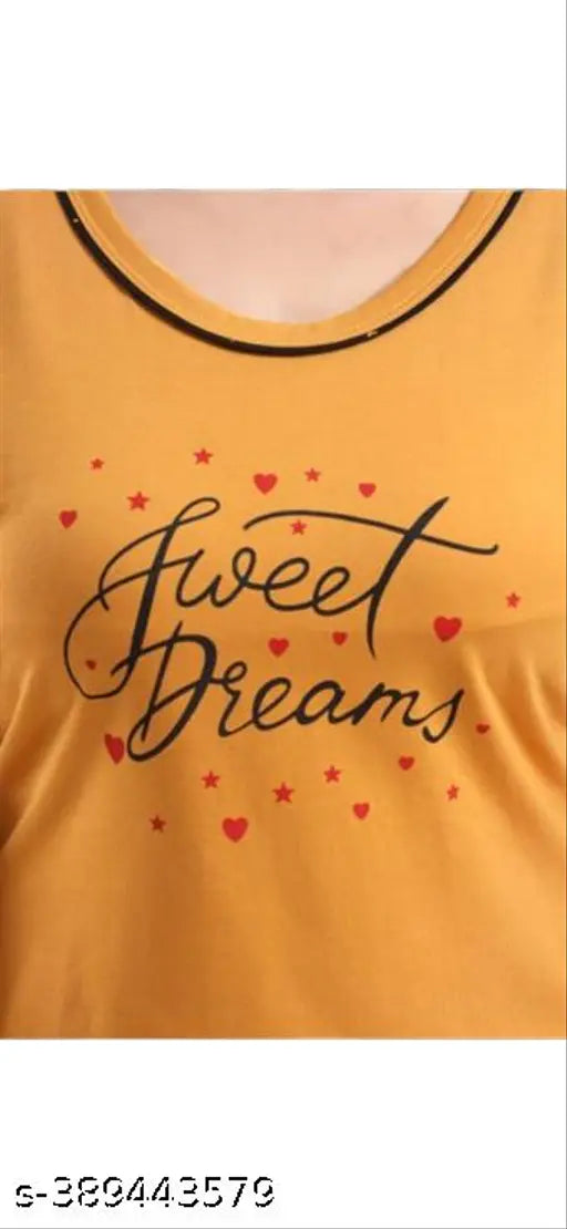 Yellow Daley Wear cotton pyjama set with printed net design (M: 38in bust, 25in top length; L: 40in bust, 26in top length; XL: 42in bust, 27in top length; XXL: 44in bust, 30in top length), suitable for casual, home, sleep, yoga, vacation or beach wear. Made of 100% cotton hosiery 180 GSM fabric