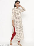 Offwhite cotton A-line Kurti with printed combo, perfect for Kipek women's ethnic wear collection. Indian-origin fashion in three-quarter sleeves. S (Bust 36in, Length 45in)