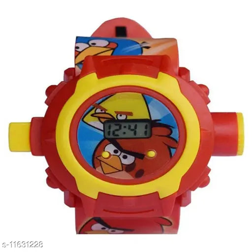 Red and yellow kids watch with character design, adjustable strap