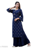 Women's printed rayon slub kurta with sharara - rayon slub three-quarter sleeves, colorful Indian outfit on mannequin