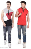 Multicolor cotton blend sleeveless men's colorblocked hood t-shirts pack 2, sizes S to XL, Indian origin