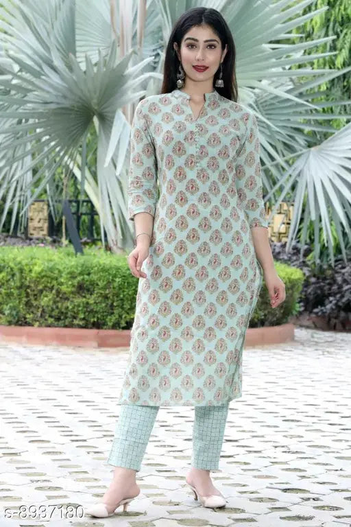 Demirner green cotton kurta set with printed net pants, three-quarter sleeves - Indian bottomwear